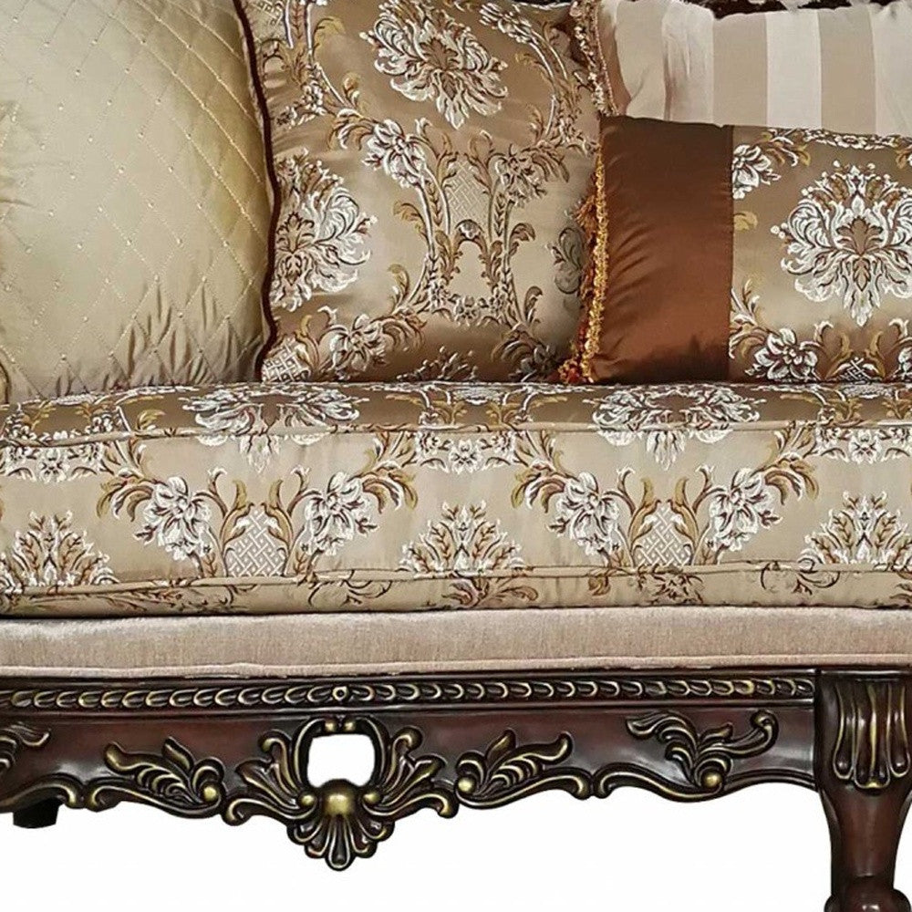 39" Beige Polyester Blend Floral Sofa And Toss Pillows With Dark Brown Legs