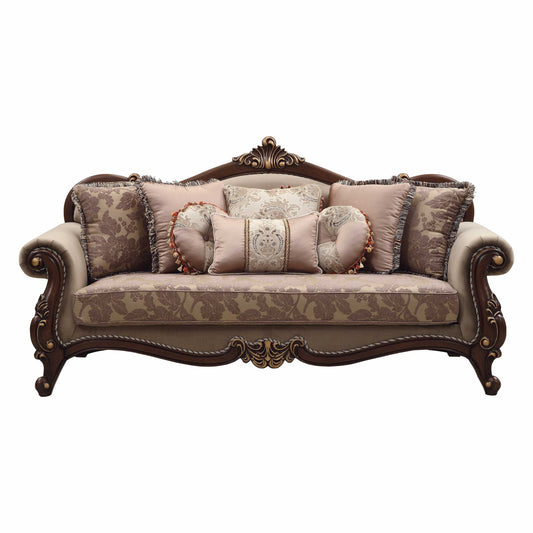 38" Beige Polyester Blend Curved Floral Sofa And Toss Pillows With Brown Legs