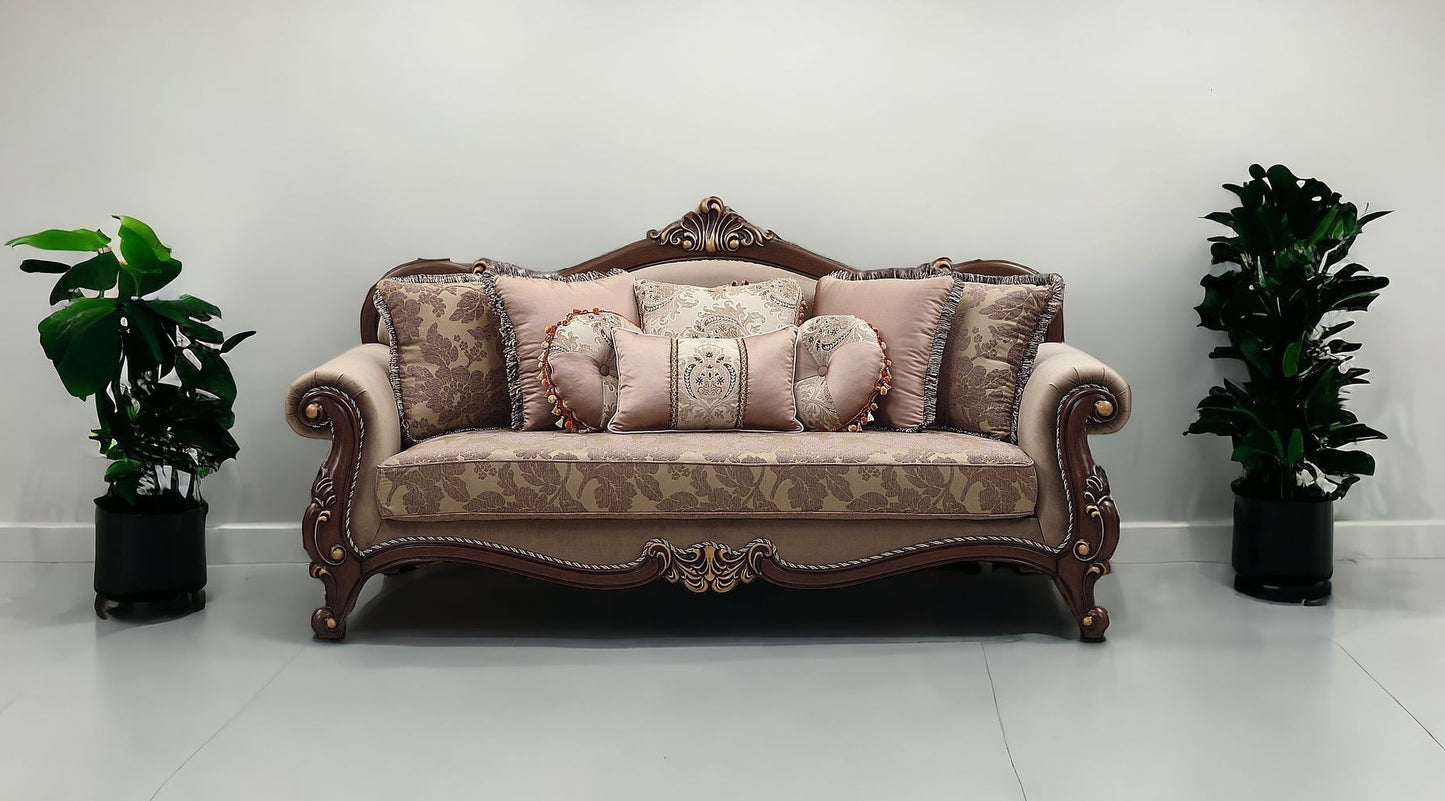 38" Beige Polyester Blend Curved Floral Sofa And Toss Pillows With Brown Legs
