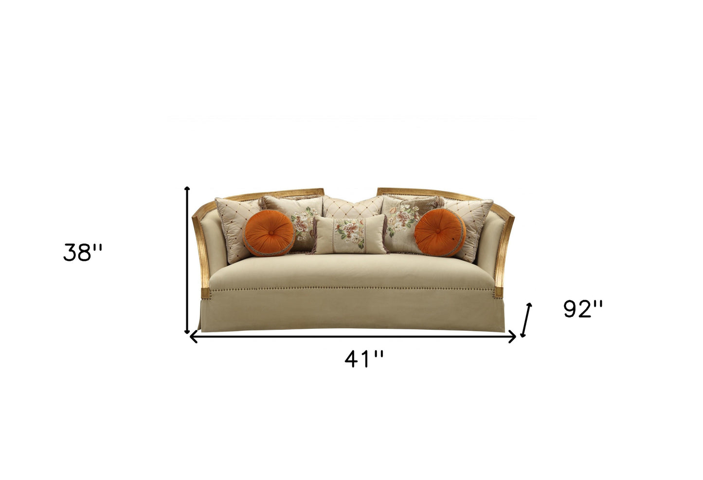 41" Beige Velvet Curved Sofa And Toss Pillows With Natural Legs