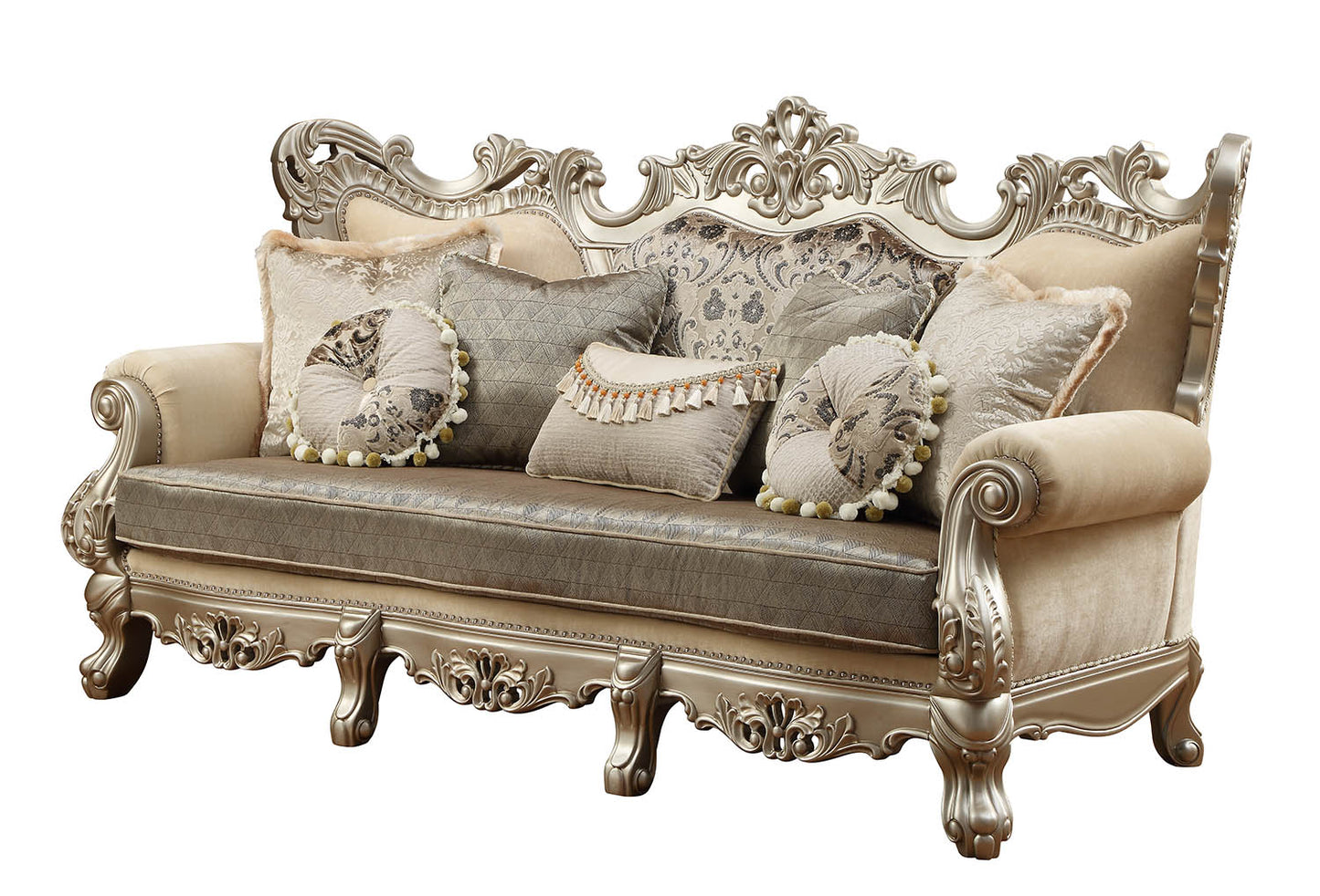 41" Champagne Cotton Blend Curved Floral Sofa And Toss Pillows