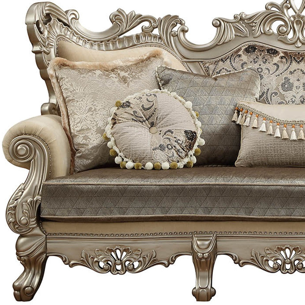 41" Champagne Cotton Blend Curved Floral Sofa And Toss Pillows