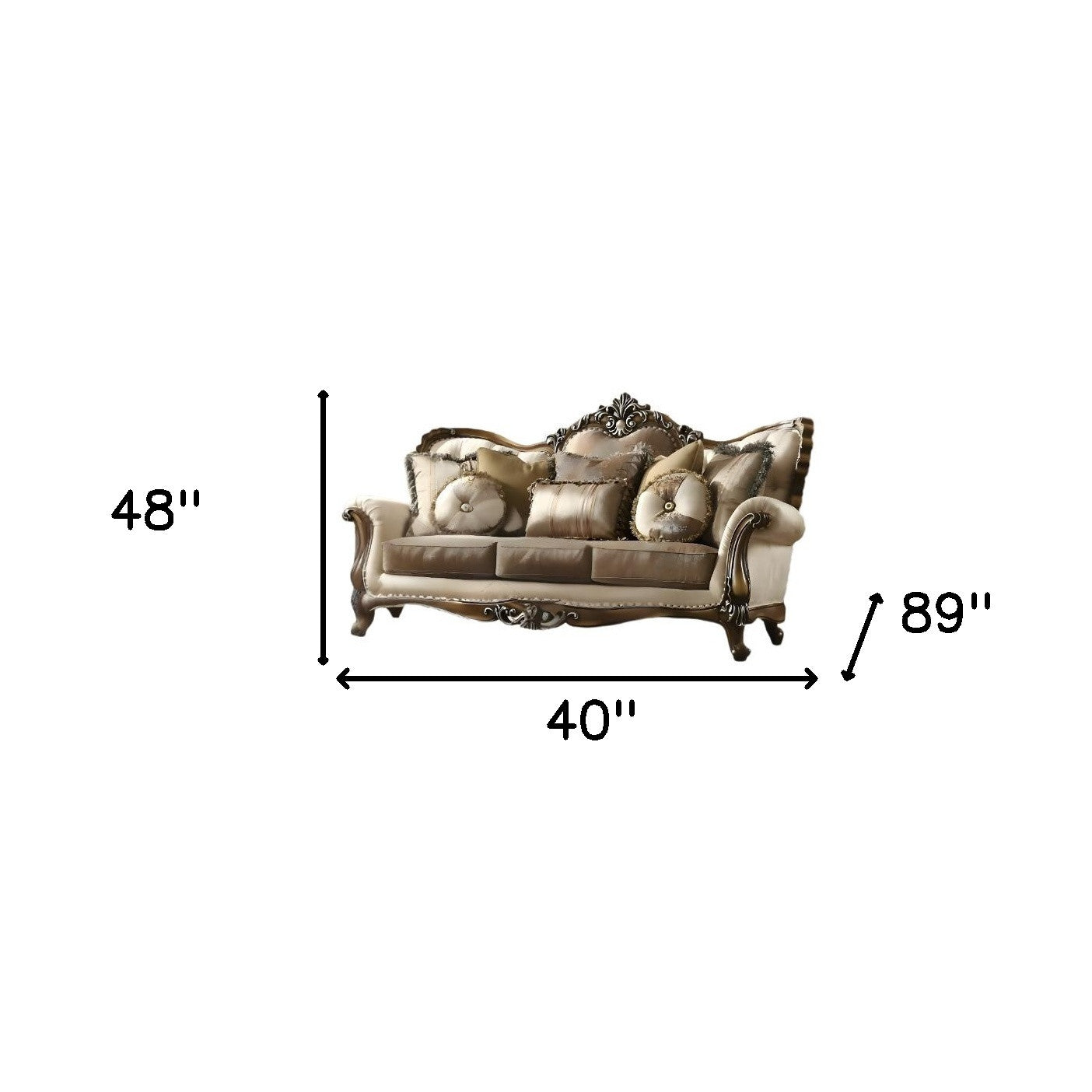 40" Tan Polyester Blend Curved Floral Sofa And Toss Pillows With Champagne Legs