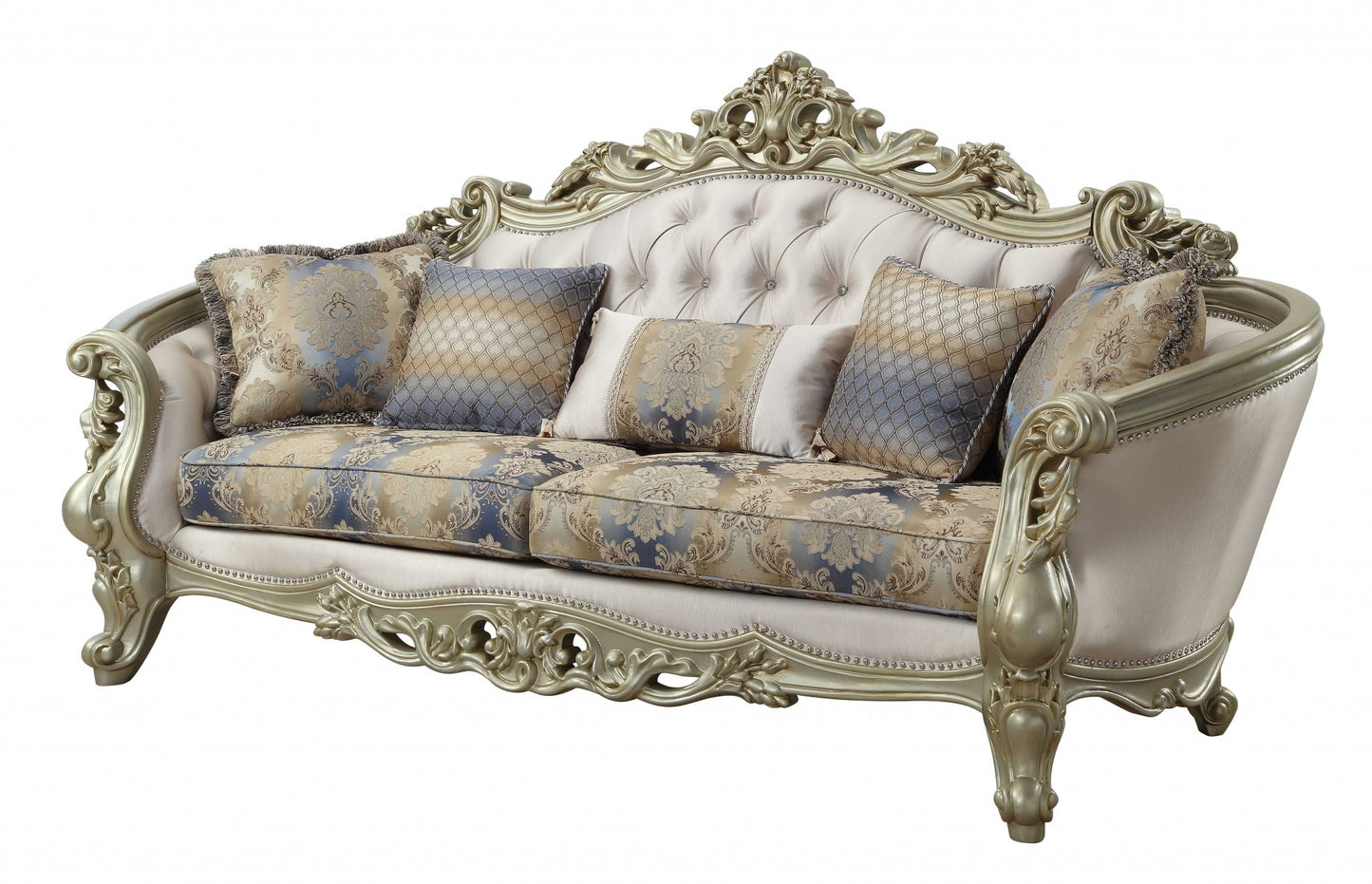 40" Antiqued White Velvet Curved Floral Sofa And Toss Pillows With Champagne Legs