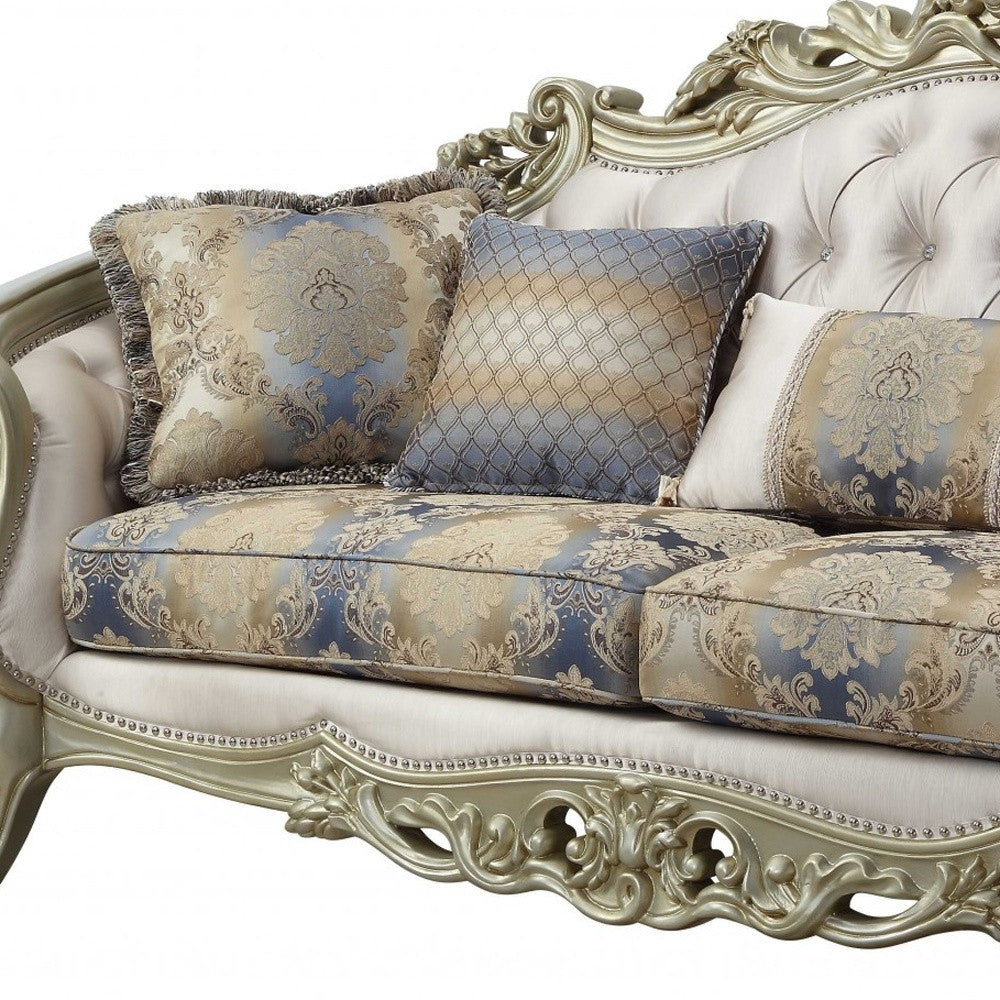 40" Antiqued White Velvet Curved Floral Sofa And Toss Pillows With Champagne Legs