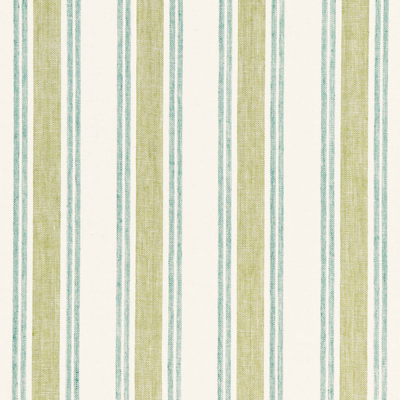 Vertical striped fabric in olive green, teal and beige with a woven texture, ideal for upholstery or curtains.