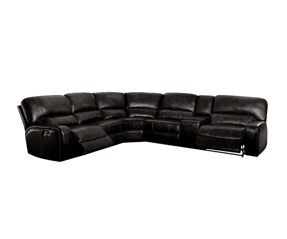 Black Faux Leather Power Reclining L Shaped Six Piece Corner Sectional With Console