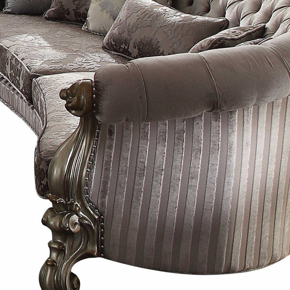 55" Gray Velvet Curved Floral Sofa And Toss Pillows With Champagne Legs