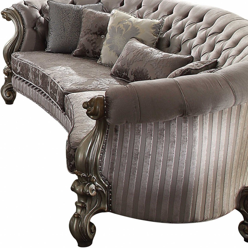 55" Gray Velvet Curved Floral Sofa And Toss Pillows With Champagne Legs