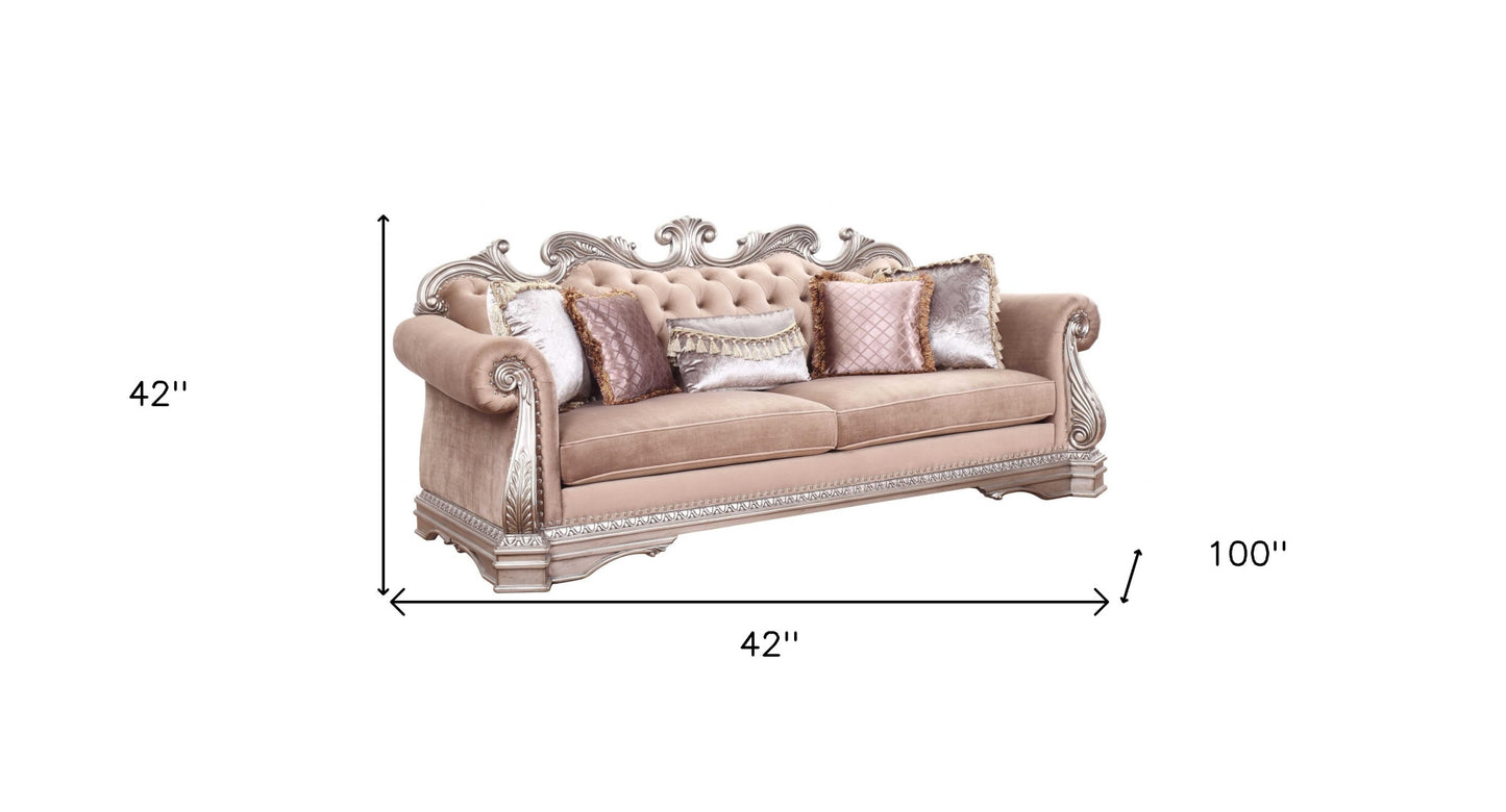 42" Rosegold Velvet Sofa And Toss Pillows With Silver Legs