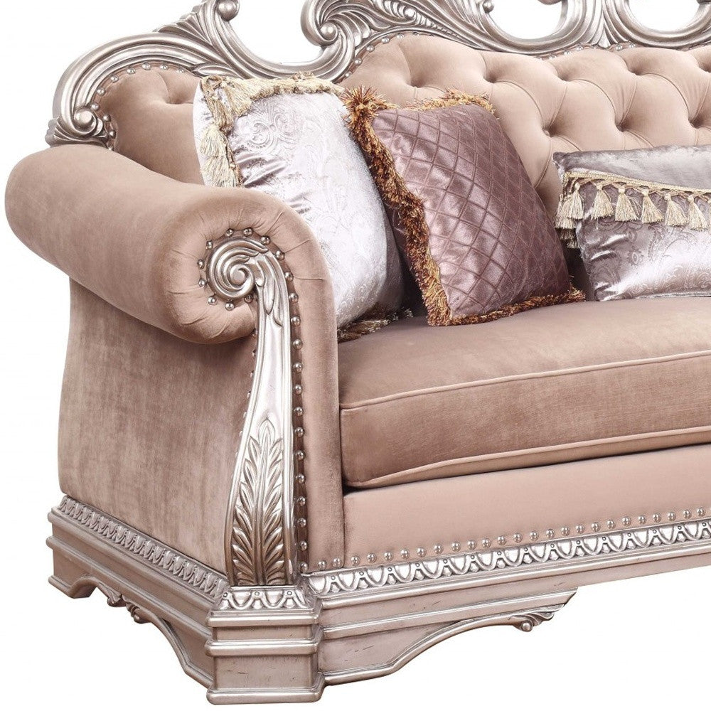 42" Light Pink Velvet Sofa And Toss Pillows With Champagne Legs