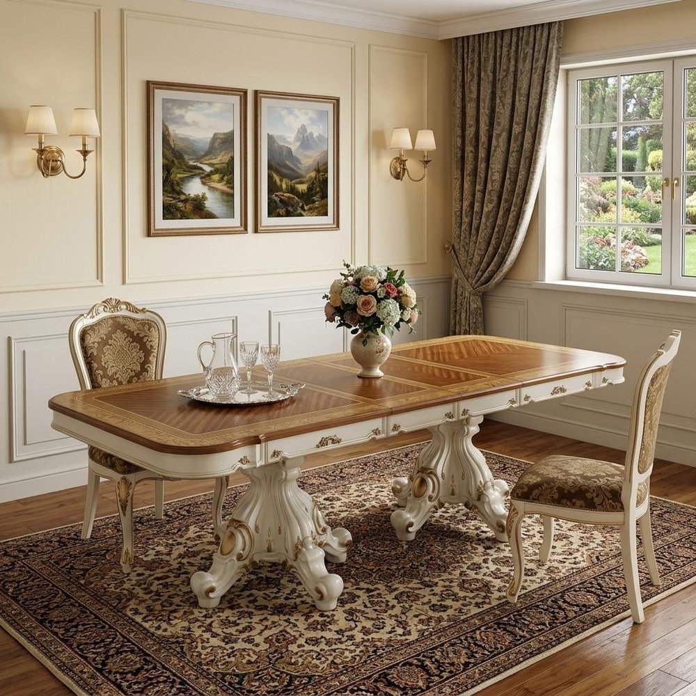 120" Natural And Antiqued White Wood Removable Leaf Double Pedestal Base Extendable Dining Table