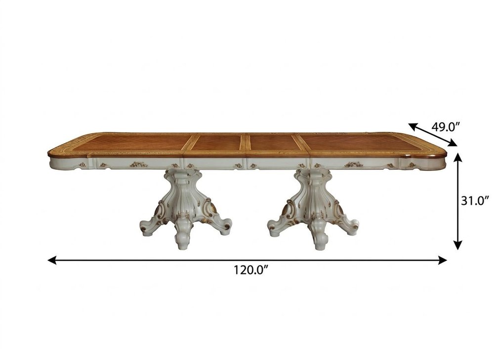120" Natural And Antiqued White Wood Removable Leaf Double Pedestal Base Extendable Dining Table