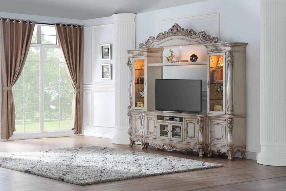 101" Antiqued White and Clear Distressed Solid Wood and Wood Textured Door Entertainment Center With Four Doors