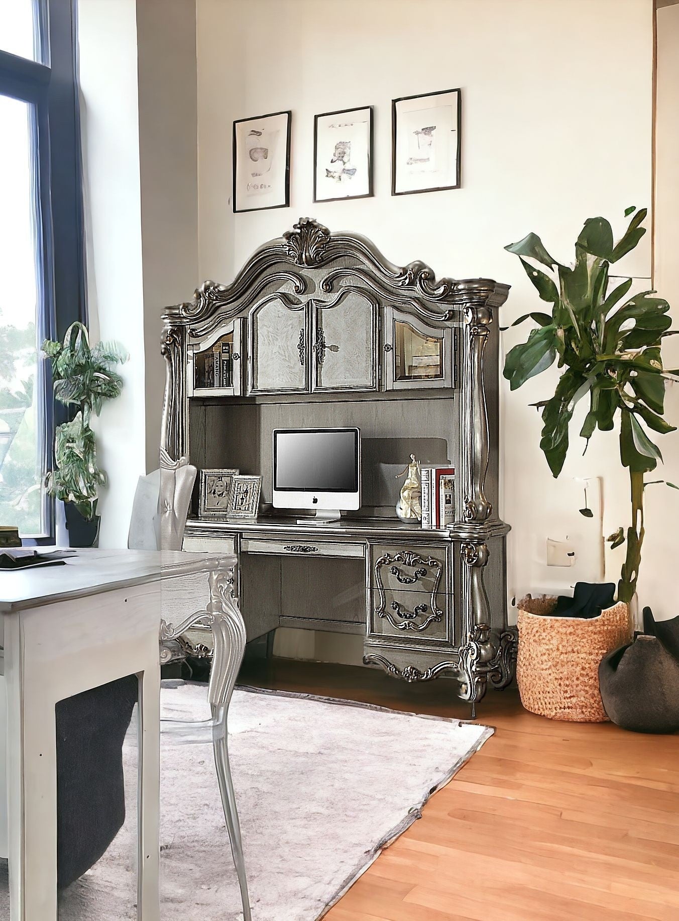 21" Platinum Solid Wood Peninsula Wall Mounted Computer Desk With Four Cabinets Five Drawers