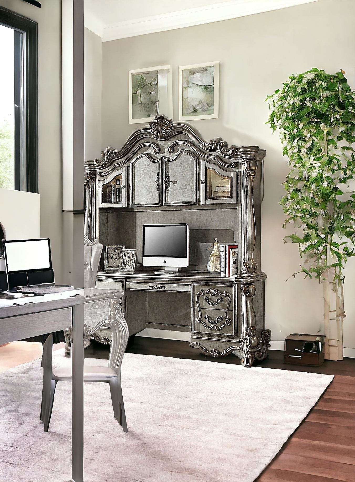 21" Platinum Solid Wood Peninsula Wall Mounted Computer Desk With Four Cabinets Five Drawers