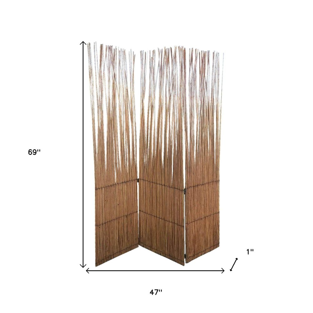 69" Brown Wood and Metal Folding Three Panel Screen Room Divider