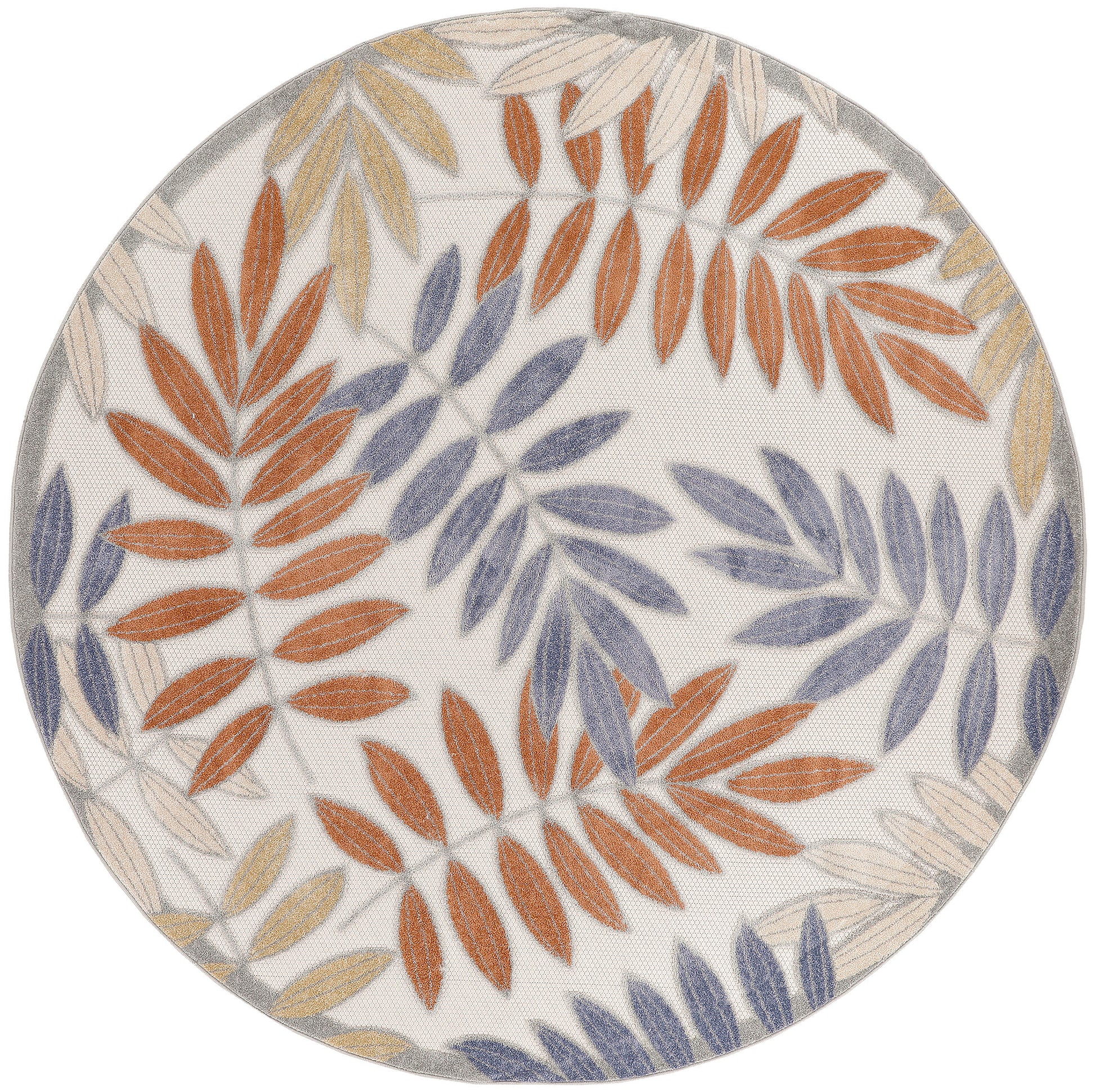 Round rug with a woven botanical leaf pattern in orange, blue-gray and beige on ivory background.