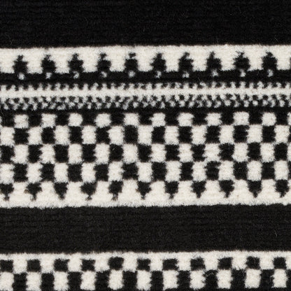 Black and white woven rug with geometric checker pattern and borders, 5' x 7'.
