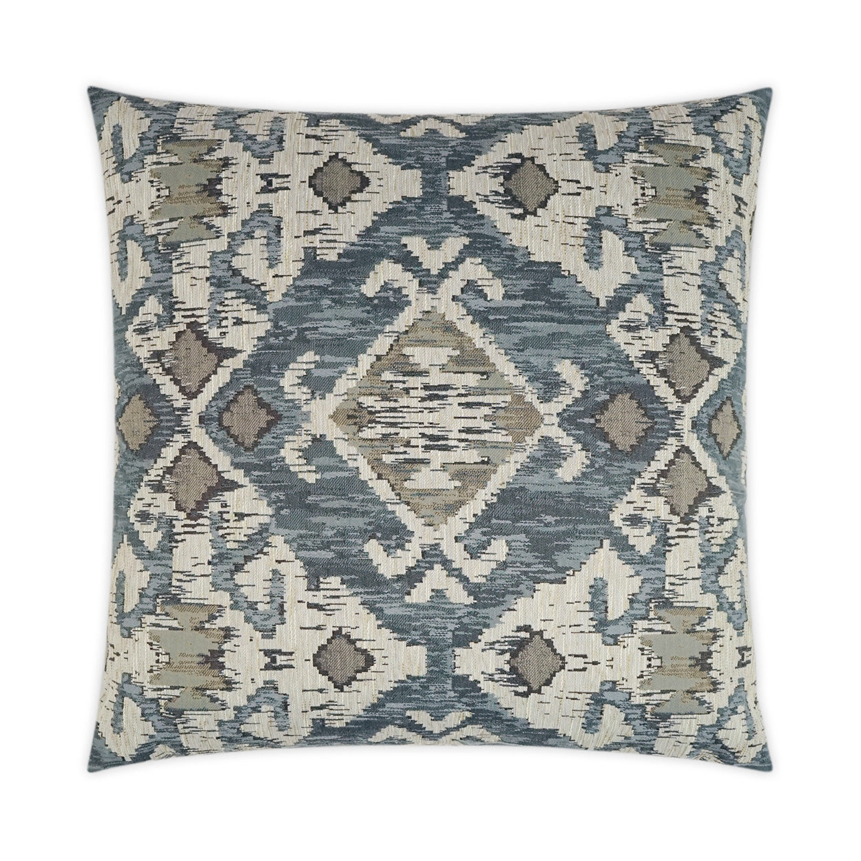 Square woven pillow in blue, ivory and taupe with ikat-inspired geometric diamond pattern.