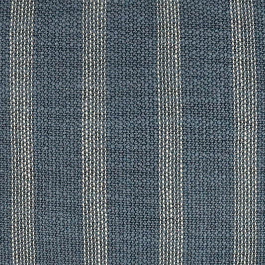 Dark blue woven fabric with vertical white pinstripes, textured upholstery textile.