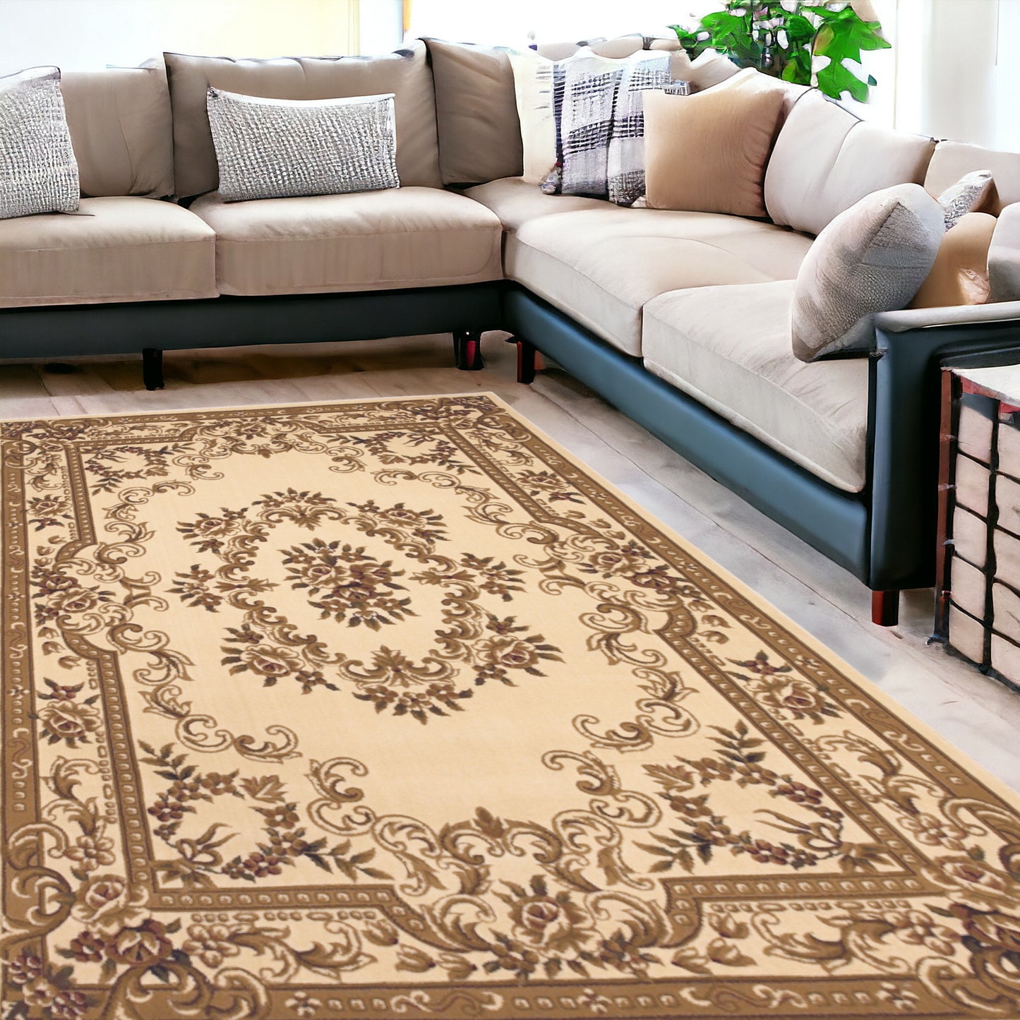 8'X11' Ivory Machine Woven Hand Carved Floral Medallion Indoor Area Rug