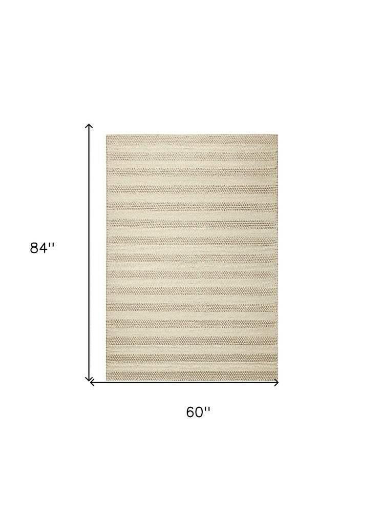 9' X 13' Ivory And White Wool Striped Hand Woven Area Rug