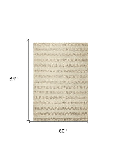 5' X 7' Ivory And White New Zealand Lambs Wool Striped Hand Woven Area Rug