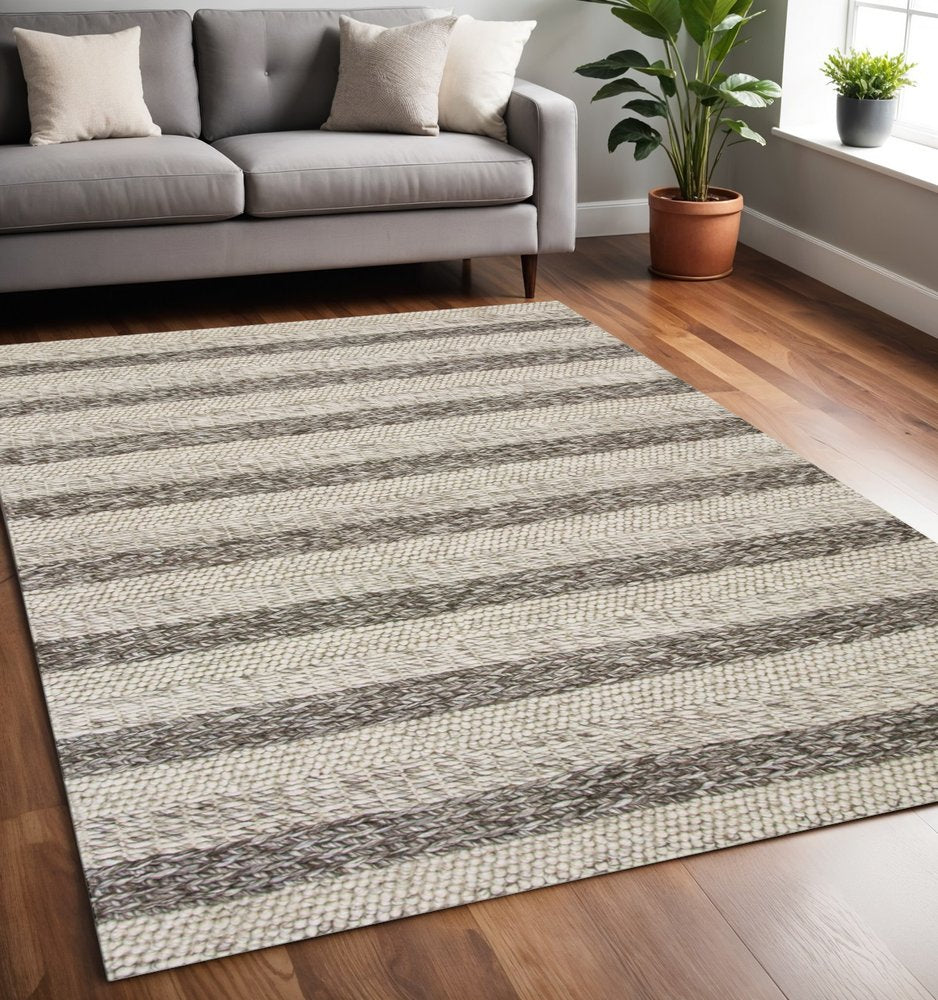5' X 7' Brown Gray And Ivory New Zealand Lambs Wool Striped Hand Woven Area Rug