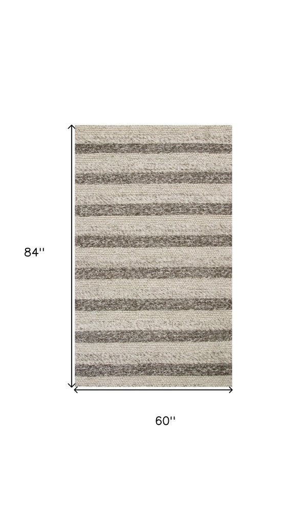 3' X 5' Brown Gray And Ivory New Zealand Lambs Wool Striped Hand Woven Area Rug