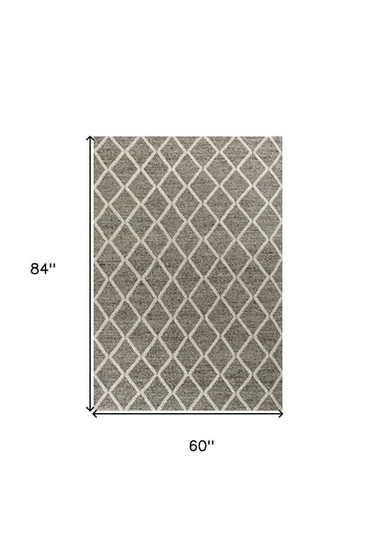 5' X 7' Dark Gray and Ivory Wool Diamond Hand Woven Berber Area Rug