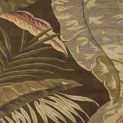 7' Brown And Beige Wool Botanical Leaves Hand Tufted Round Rug