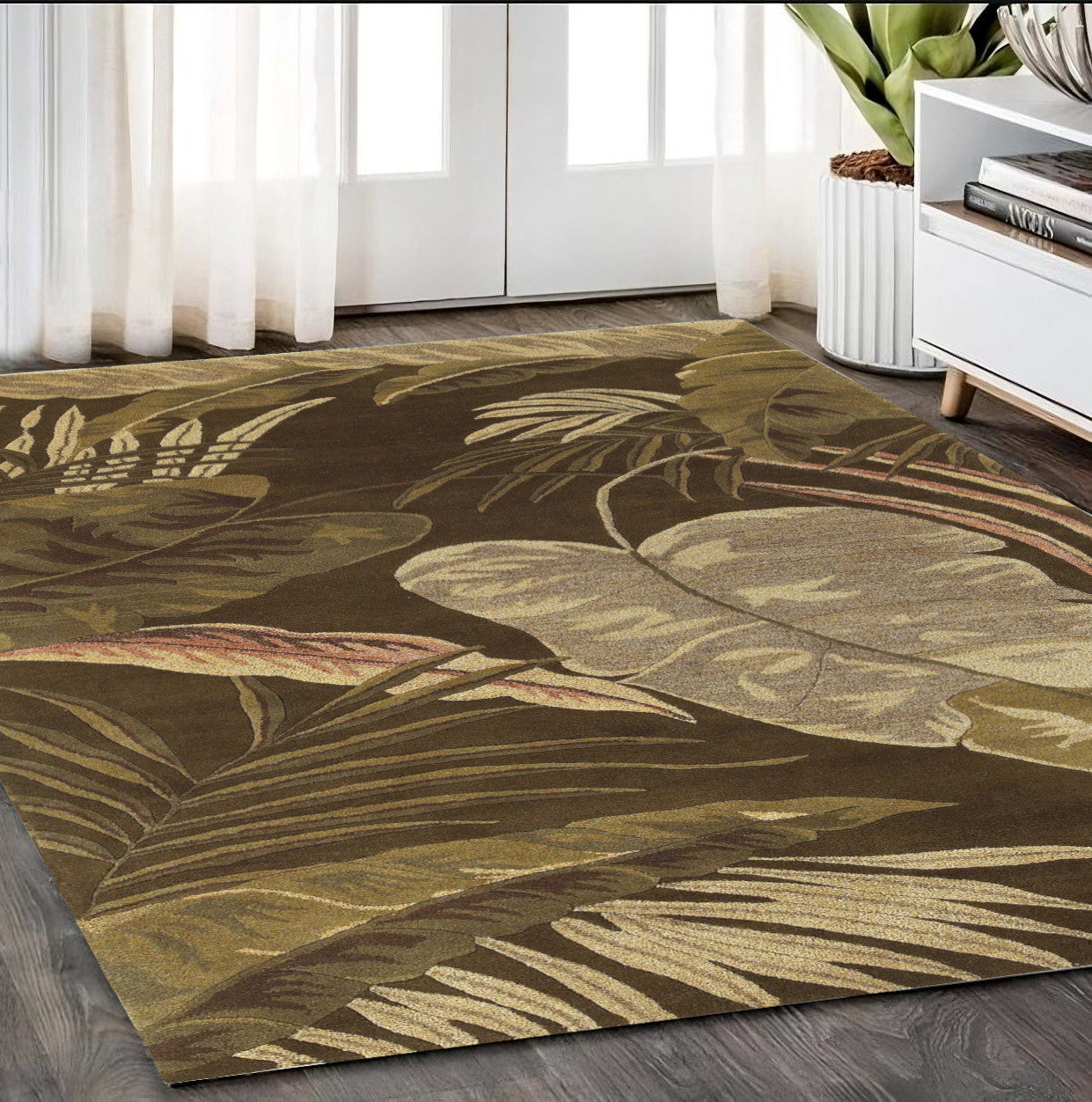 3' X 4' Mocha Brown Hand Tufted Tropical Leaves Indoor Area Rug