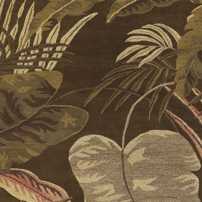 7' Brown And Beige Wool Botanical Leaves Hand Tufted Round Rug