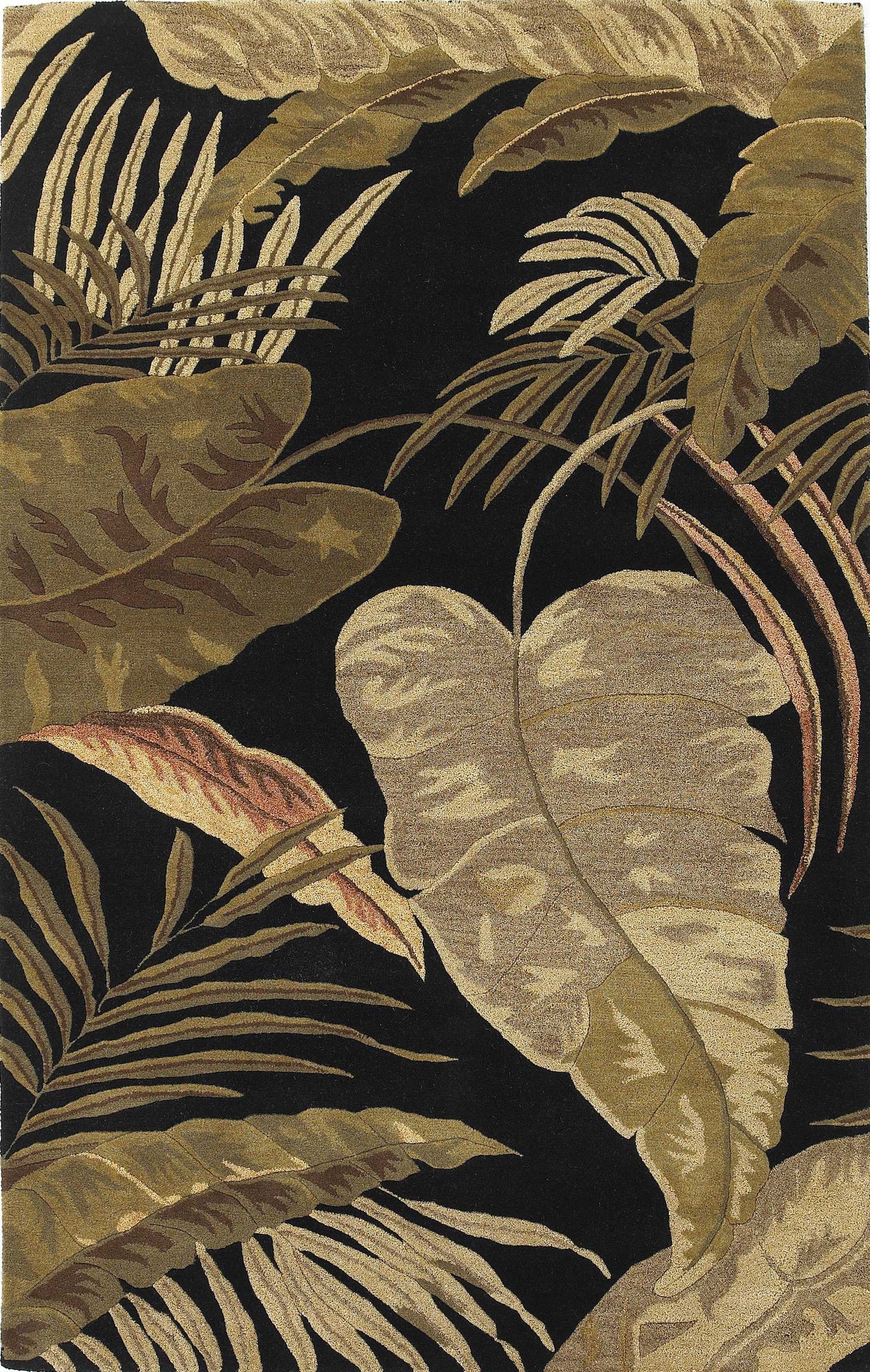 5' X 8' Midnight Black Hand Tufted Tropical Leaves Indoor Area Rug