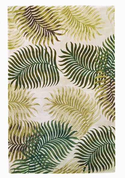 2' X 4' Natural Green And Brown Wool Botanical Leaves Hand Tufted Area Rug
