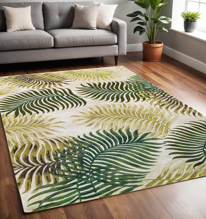 2' X 4' Natural Green And Brown Wool Botanical Leaves Hand Tufted Area Rug