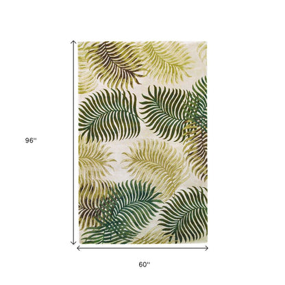 2' X 4' Natural Green And Brown Wool Botanical Leaves Hand Tufted Area Rug