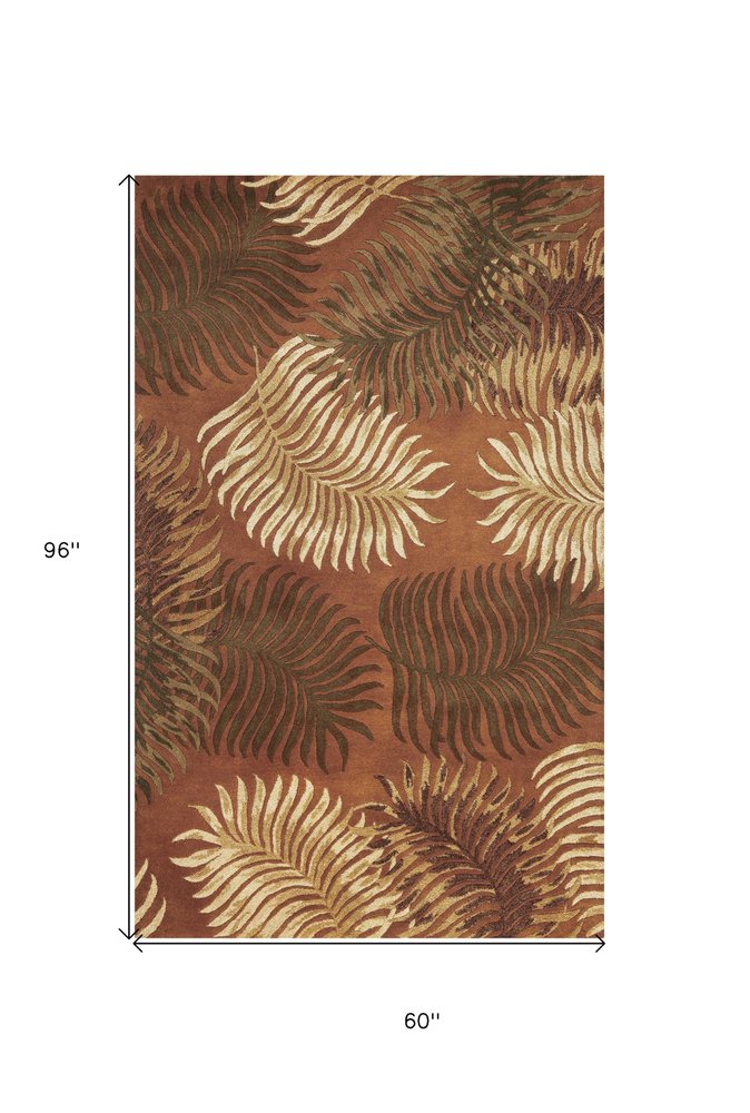 5' X 8' Rust Orange And Green Wool Botanical Leaves Hand Tufted Area Rug