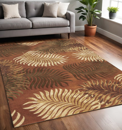 5' X 8' Rust Orange And Green Wool Botanical Leaves Hand Tufted Area Rug