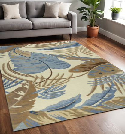 5' X 8' Ivory Blue And Brown Wool Tropical Botanical Hand Tufted Area Rug