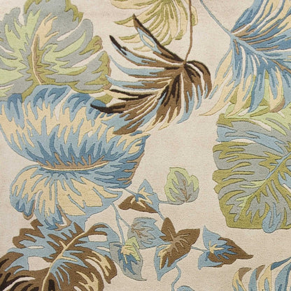 5' X 8' Ivory And Blue Wool Botanical Leaves Hand Tufted Area Rug
