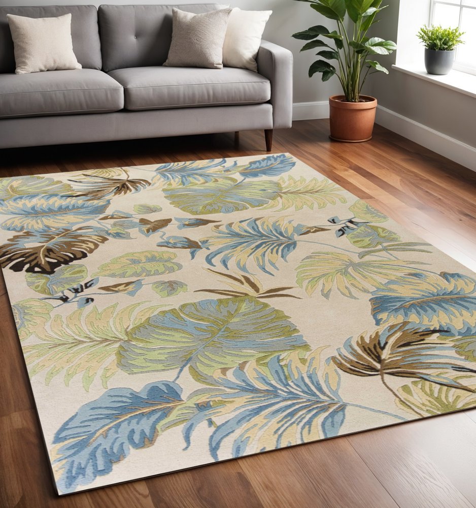 5' X 8' Ivory And Blue Wool Botanical Leaves Hand Tufted Area Rug
