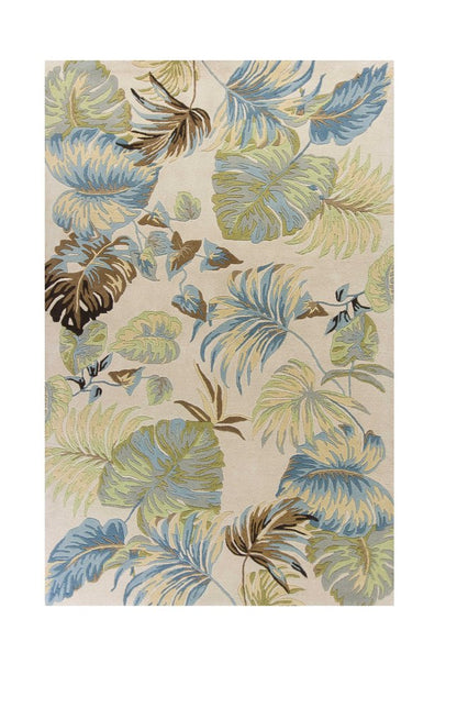 5' X 8' Ivory And Blue Wool Botanical Leaves Hand Tufted Area Rug