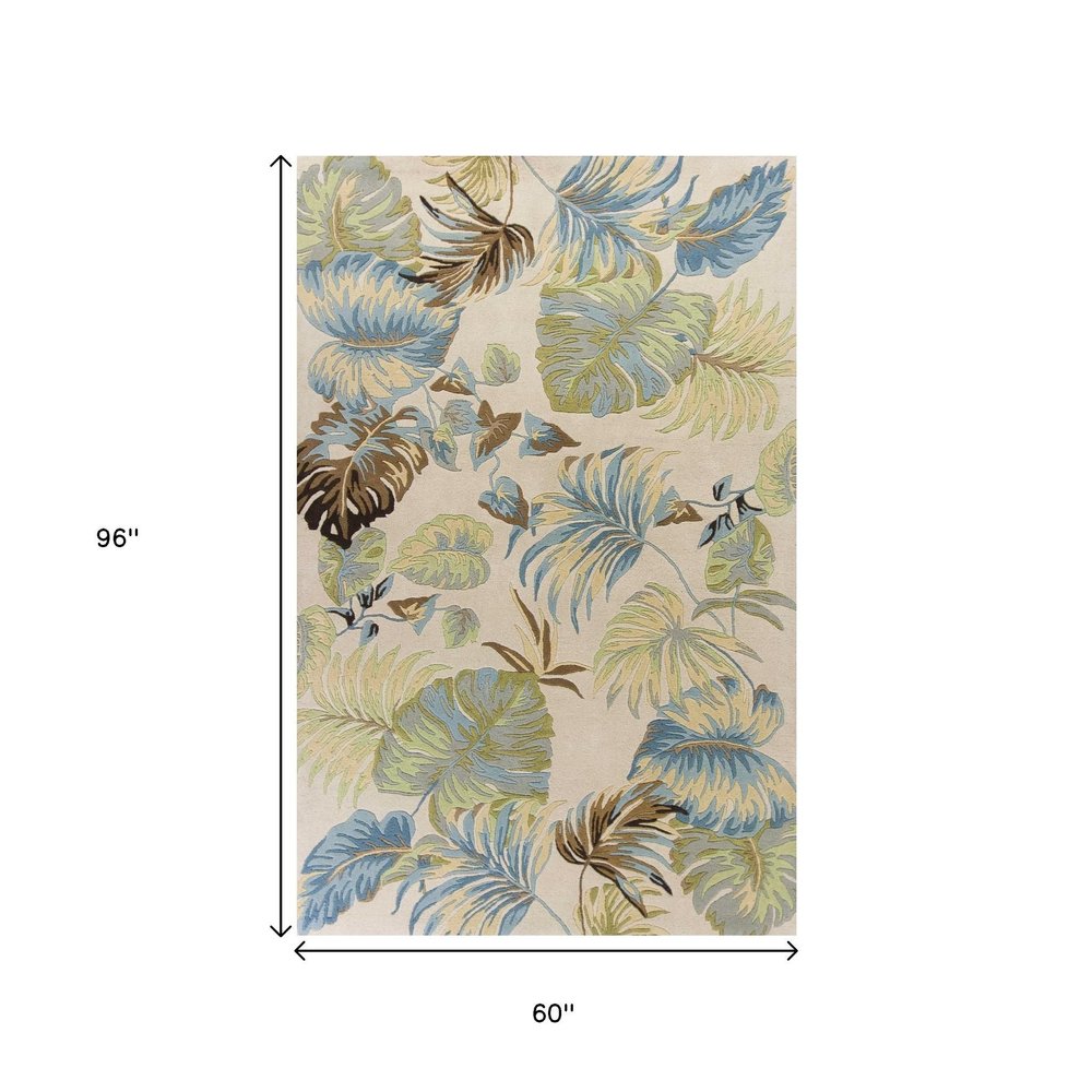 5' X 8' Ivory And Blue Wool Botanical Leaves Hand Tufted Area Rug