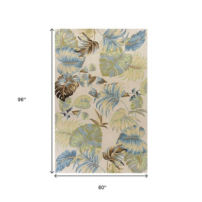 5' X 8' Ivory And Blue Wool Botanical Leaves Hand Tufted Area Rug