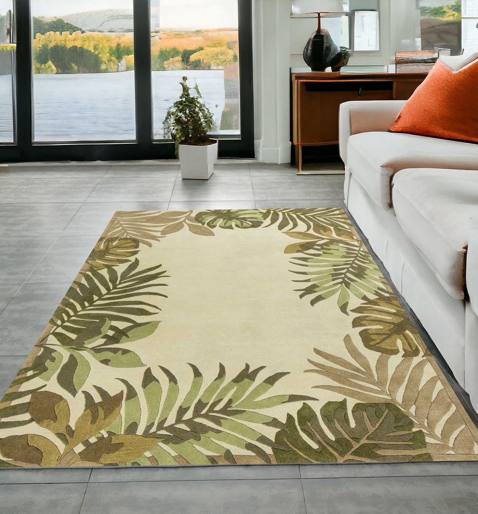 5' X 8' Ivory And Green Wool Botanical Leaves Hand Tufted Area Rug