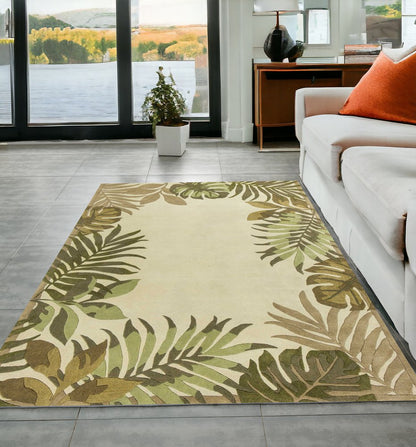 5' X 8' Ivory And Green Wool Botanical Leaves Hand Tufted Area Rug