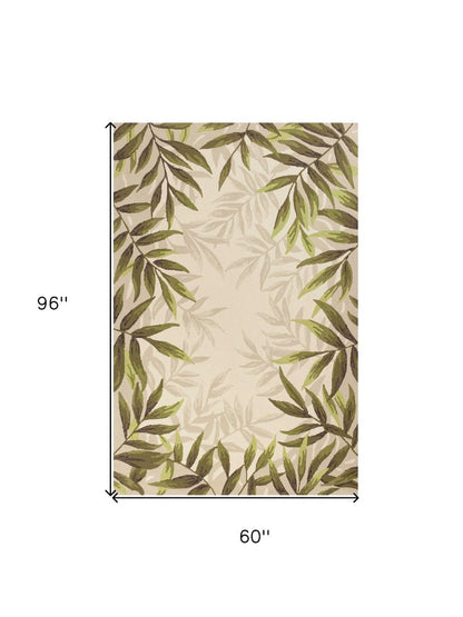 5' X 8' Ivory And Green Wool Botanical Leaves Hand Tufted Area Rug