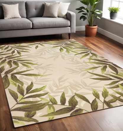 5' X 8' Ivory And Green Wool Botanical Leaves Hand Tufted Area Rug